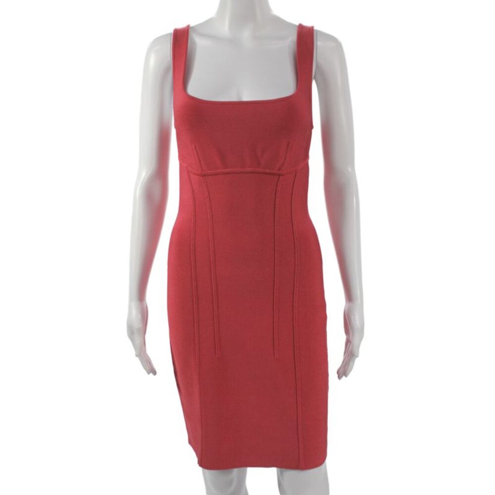 Herve Leger Women Bodycon Pencil Dress Red Square Neck Sleeveless Size M